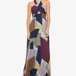 BCBGMAXAZRIA Pleated Colorblocked Halter Gown